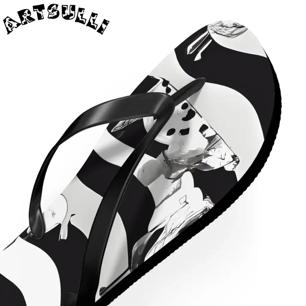 JAKKOUTTHEBXX Black and White Striped Flip Flops with Subtle Floral