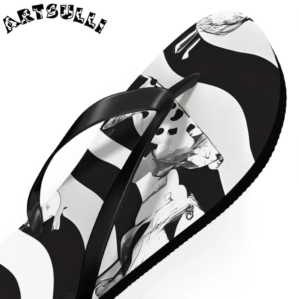 JAKKOUTTHEBXX Black and White Striped Flip Flops with Subtle Floral