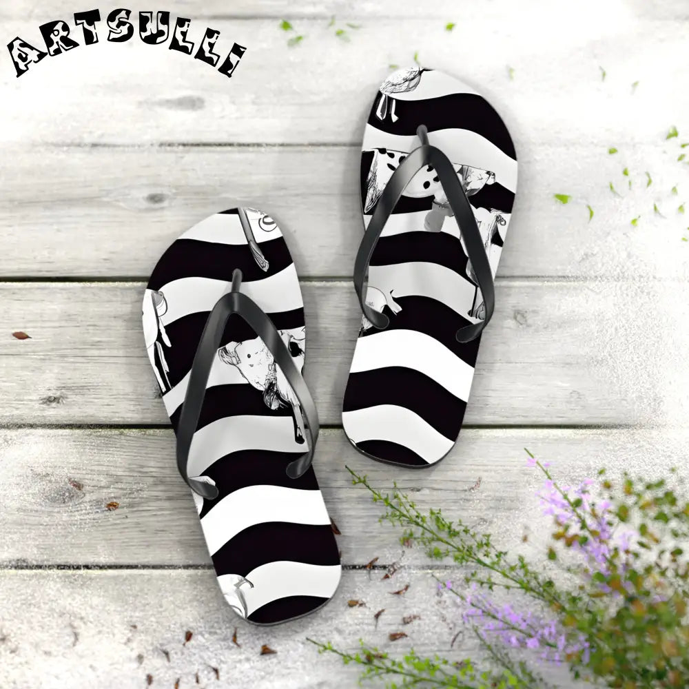 JAKKOUTTHEBXX Black and White Striped Flip Flops with Subtle Floral