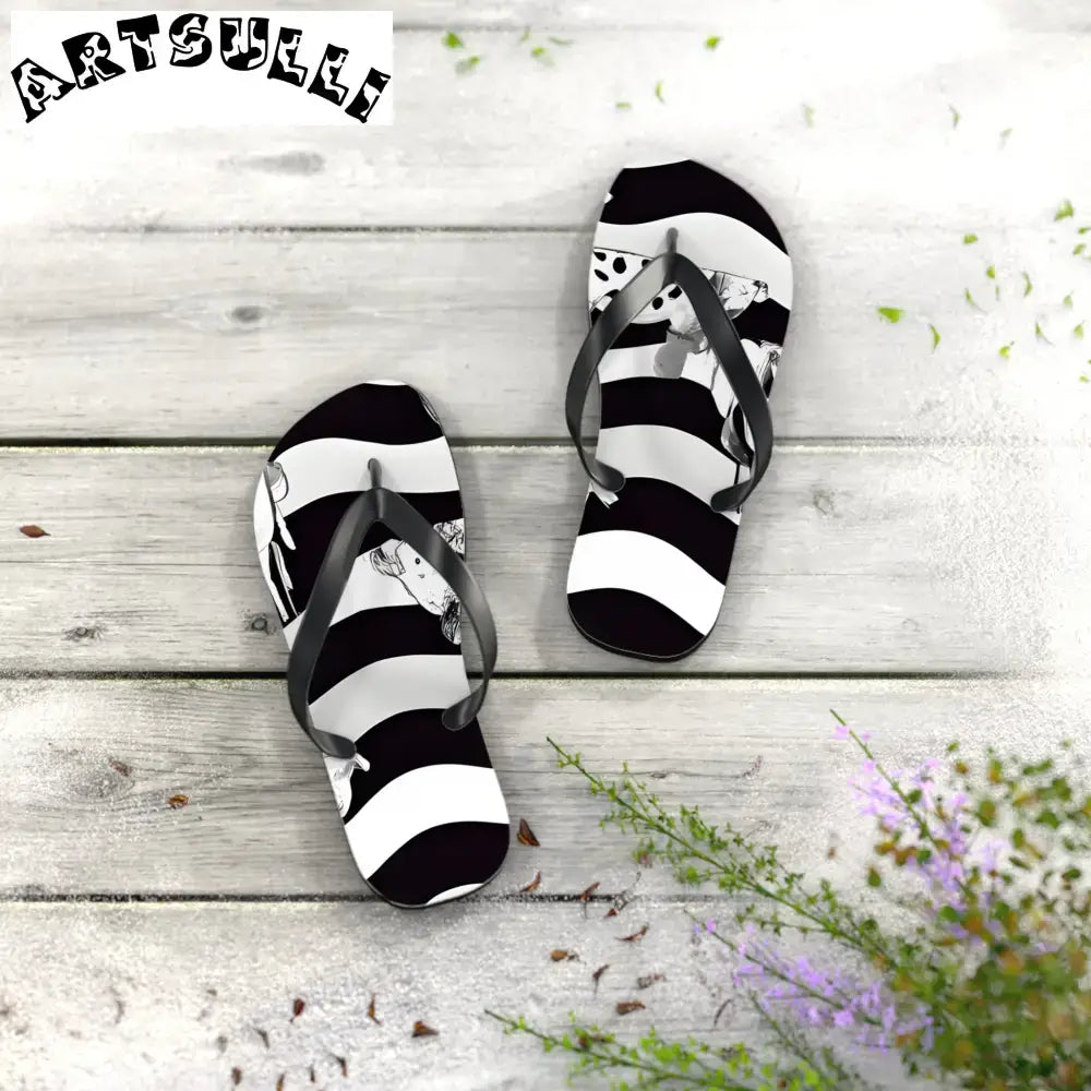 JAKKOUTTHEBXX Black and White Striped Flip Flops with Subtle Floral