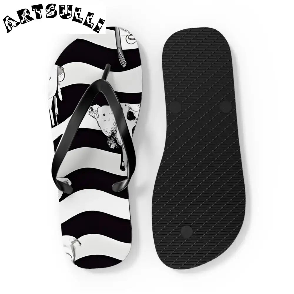 JAKKOUTTHEBXX Black and White Striped Flip Flops with Subtle Floral