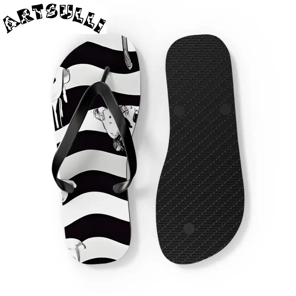 JAKKOUTTHEBXX Black and White Striped Flip Flops with Subtle Floral