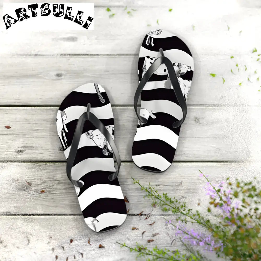 JAKKOUTTHEBXX Black and White Striped Flip Flops with Subtle Floral