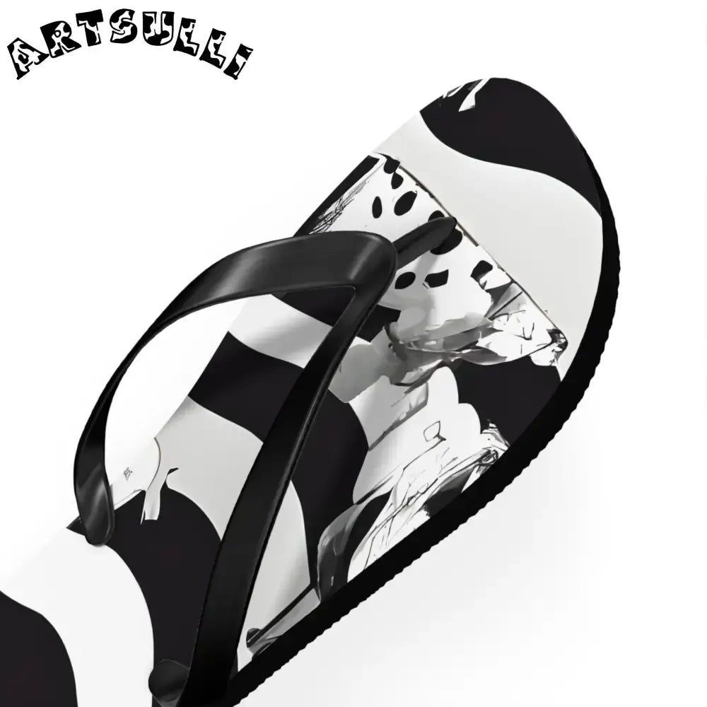 JAKKOUTTHEBXX Black and White Striped Flip Flops with Subtle Floral