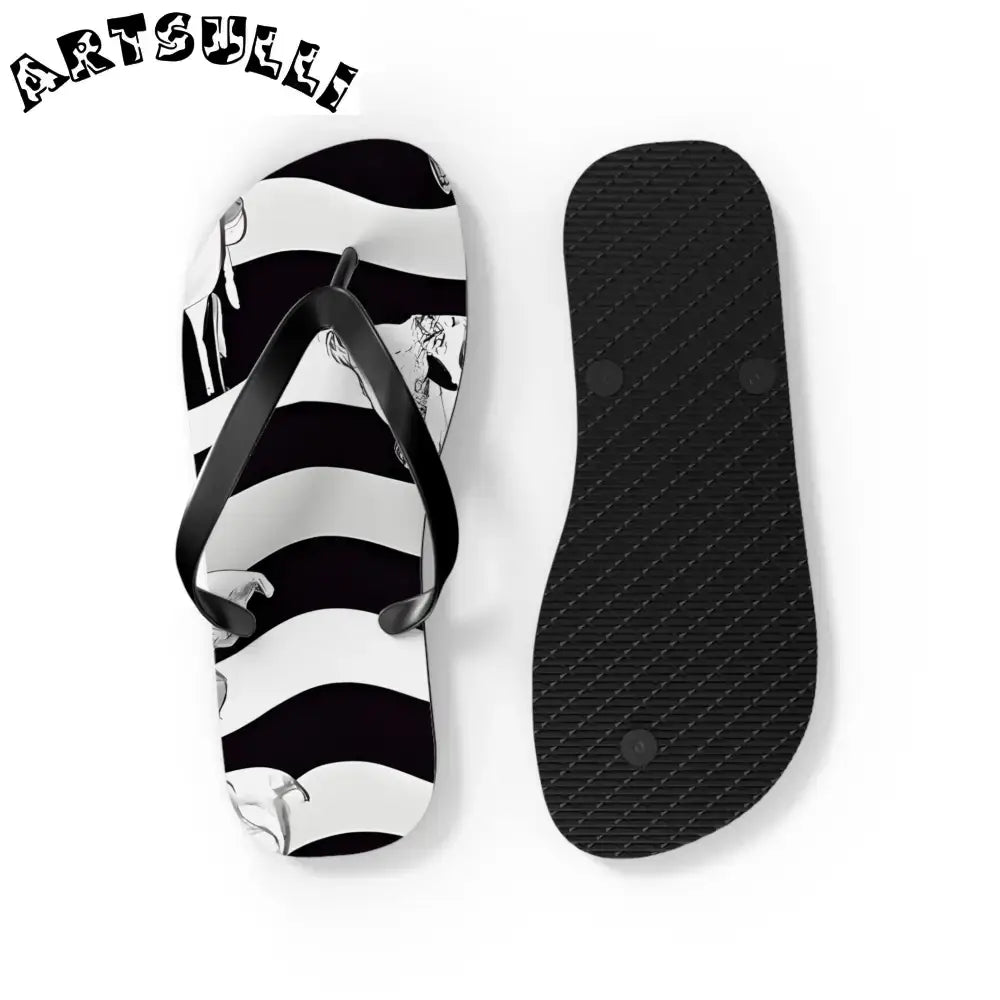 JAKKOUTTHEBXX Black and White Striped Flip Flops with Subtle Floral