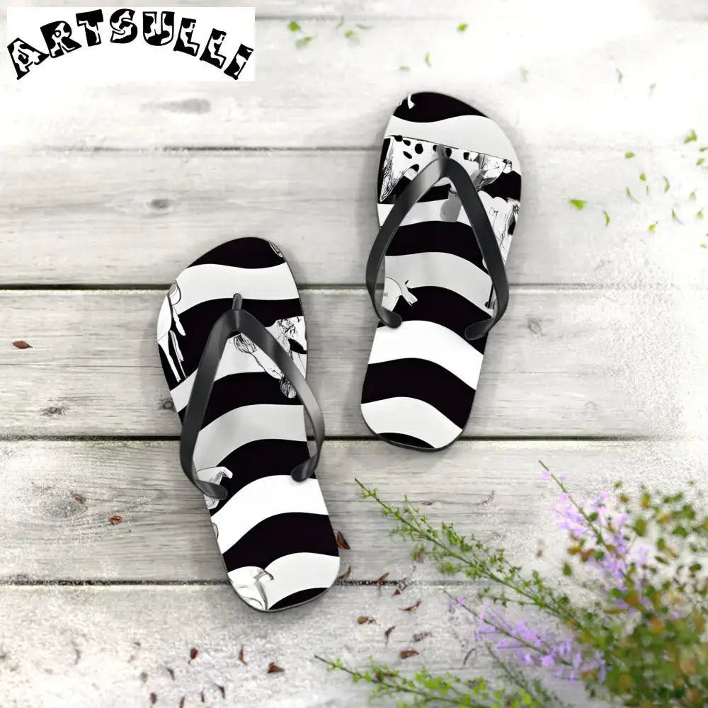 JAKKOUTTHEBXX Black and White Striped Flip Flops with Subtle Floral