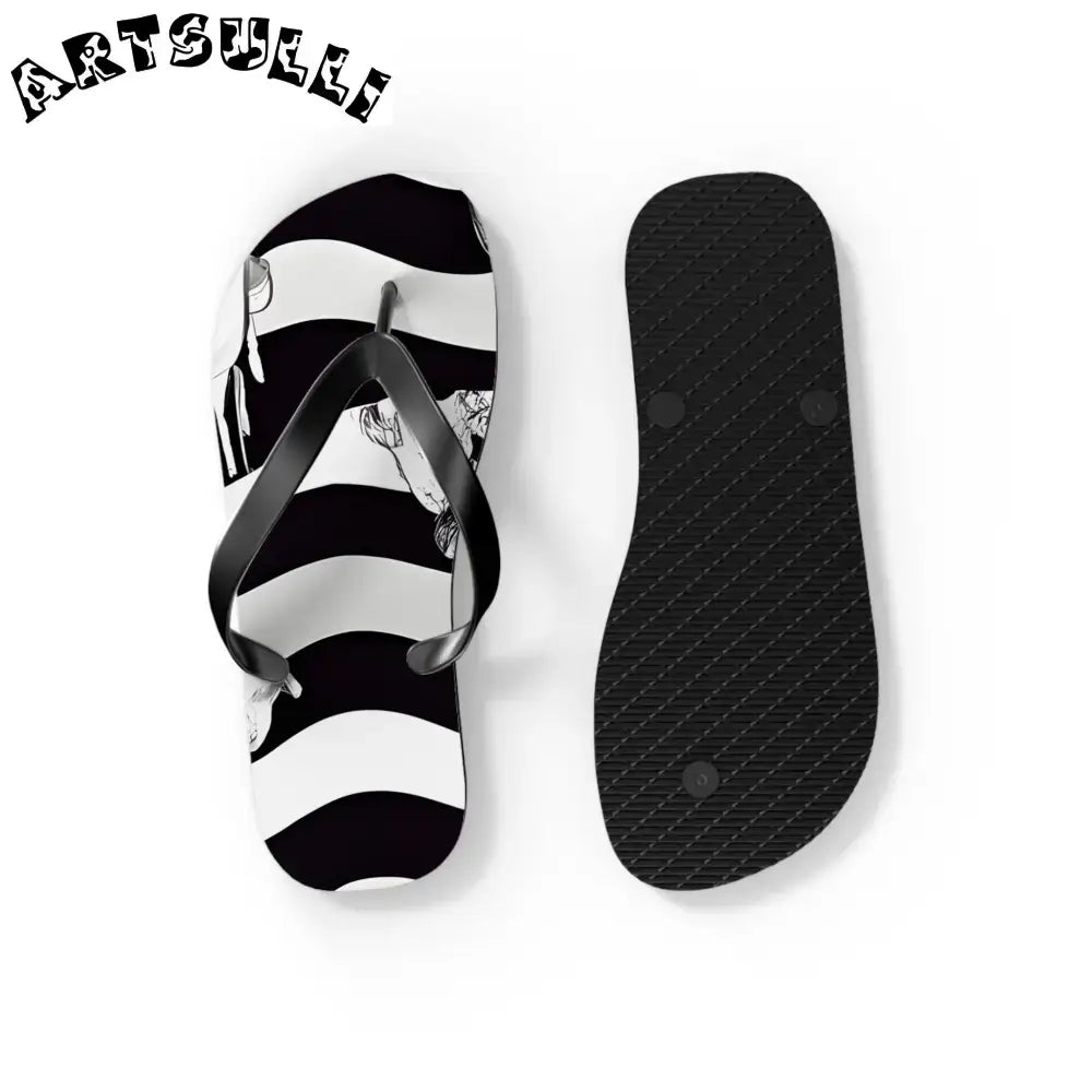 JAKKOUTTHEBXX Black and White Striped Flip Flops with Subtle Floral