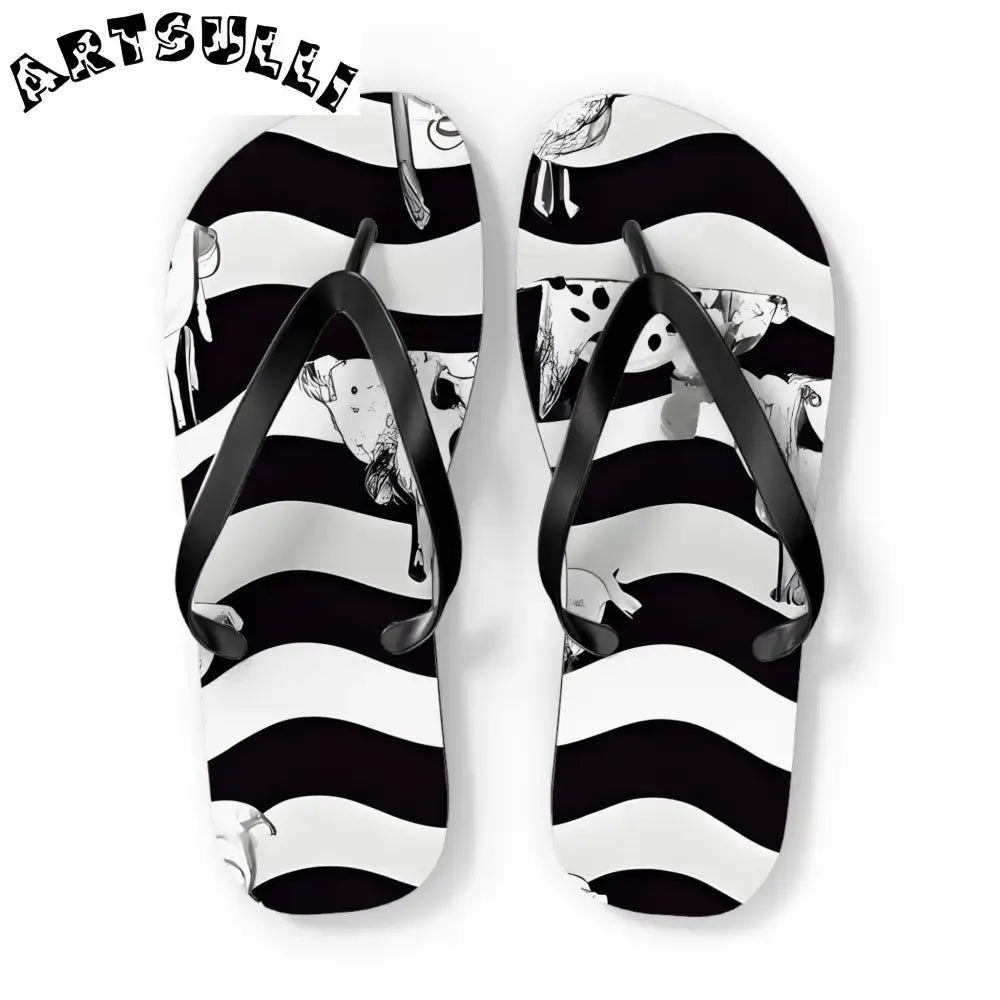 JAKKOUTTHEBXX Black and White Striped Flip Flops with Subtle Floral