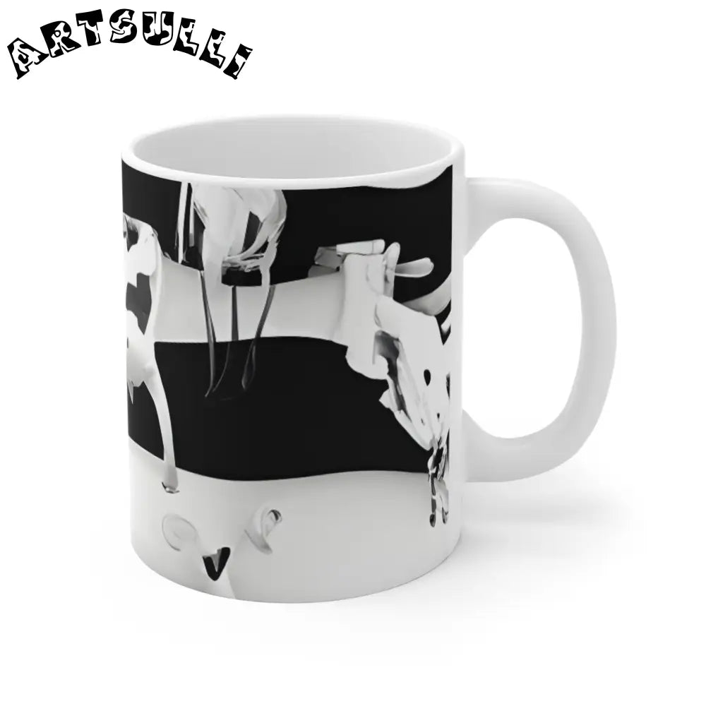 JAKKOUTTHEBXX 11oz Ceramic Mug White Black Stripes Distressed Cow