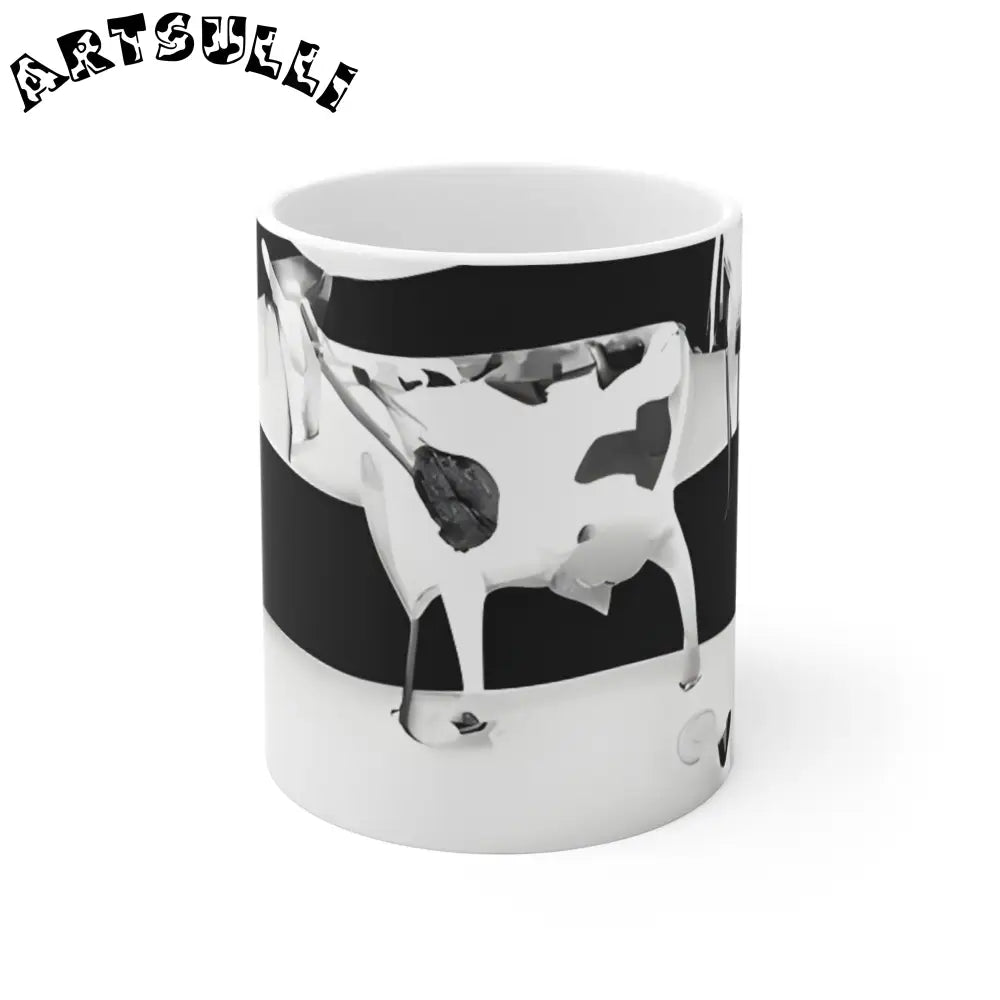 JAKKOUTTHEBXX 11oz Ceramic Mug White Black Stripes Distressed Cow