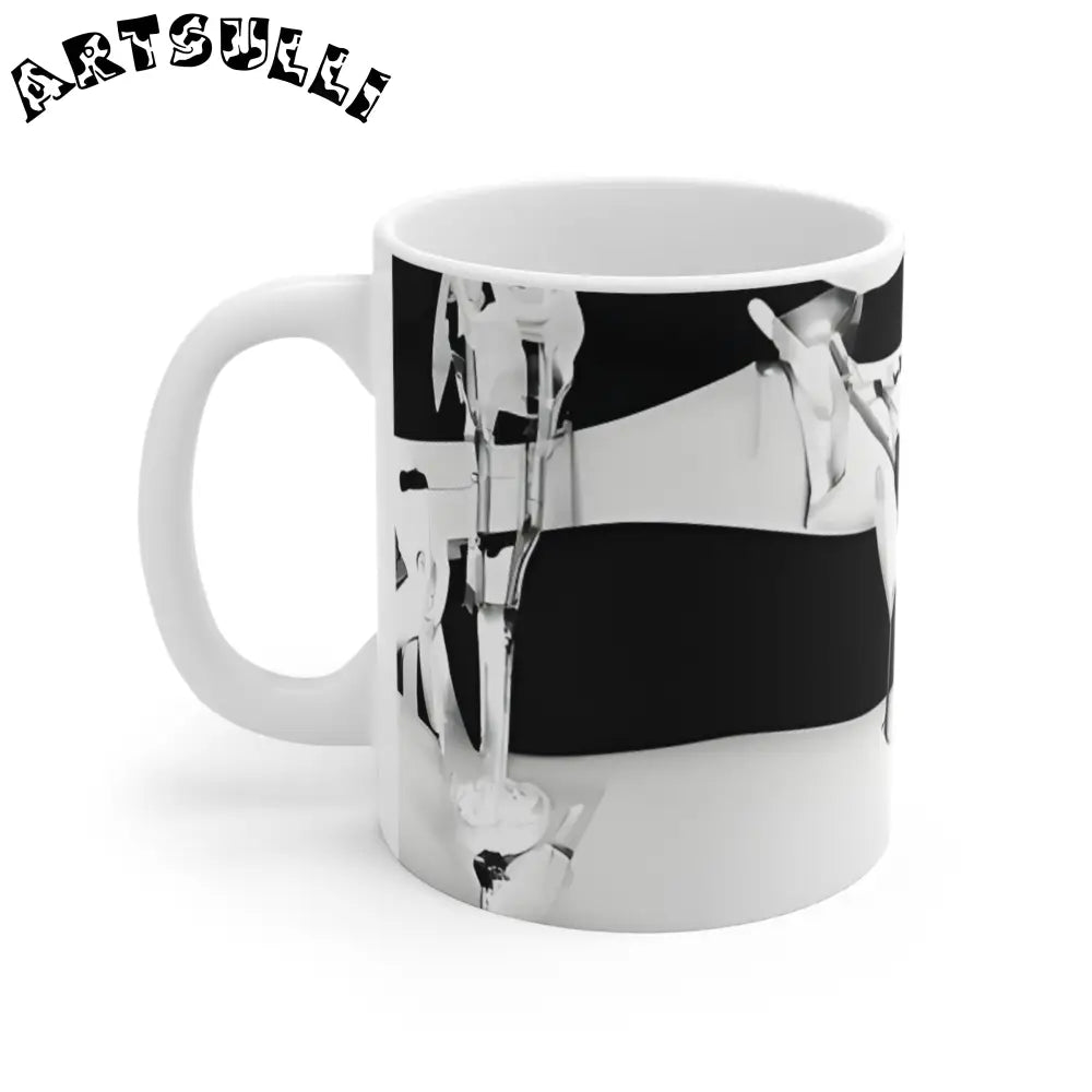 JAKKOUTTHEBXX 11oz Ceramic Mug White Black Stripes Distressed Cow