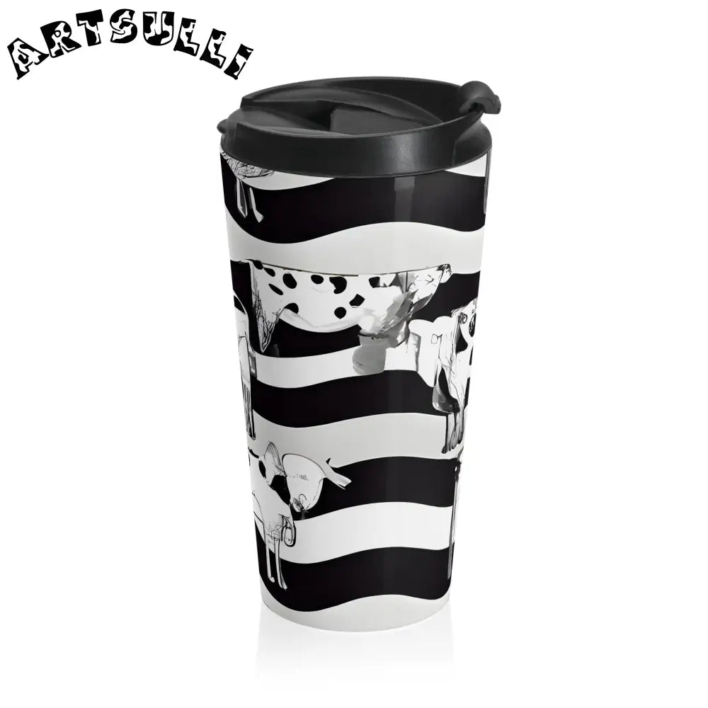 JAKKOUTTHEBXX Black and White Striped Stainless Steel Travel Mug