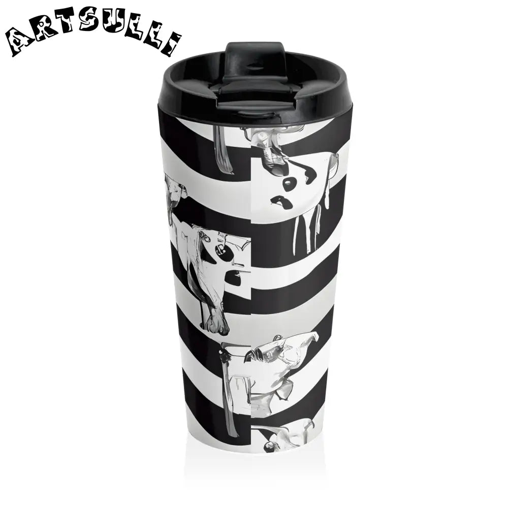 JAKKOUTTHEBXX Black and White Striped Stainless Steel Travel Mug