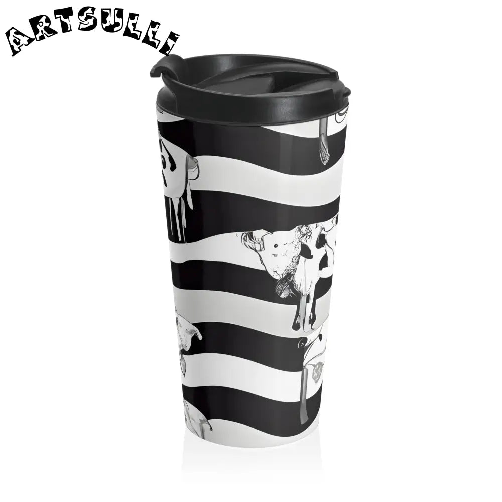 JAKKOUTTHEBXX Black and White Striped Stainless Steel Travel Mug