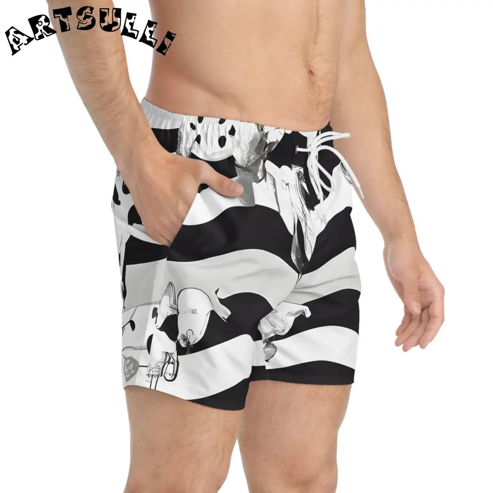 JAKKOUTTHEBXX Black and White Patterned Swim Trunks for Men