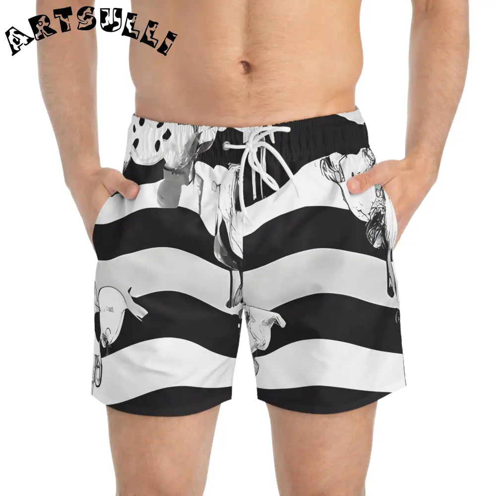 JAKKOUTTHEBXX Black and White Patterned Swim Trunks for Men