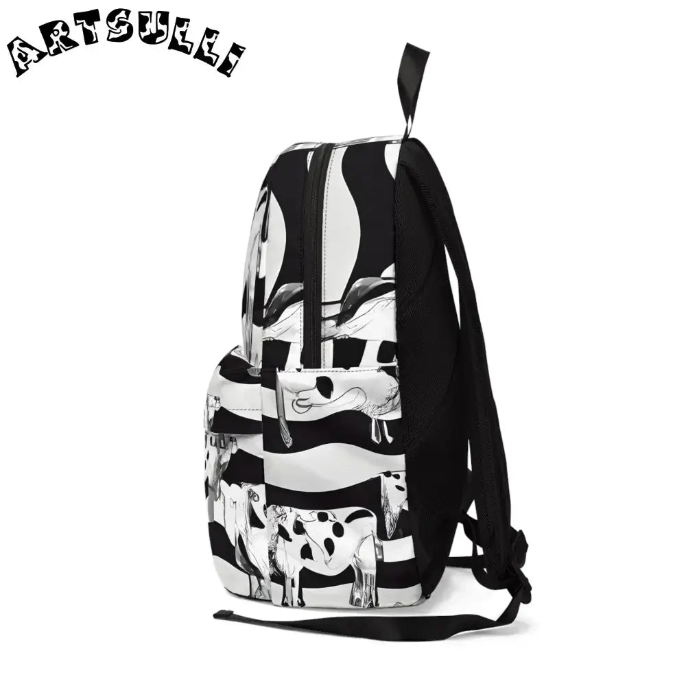 JAKKOUTTHEBXX Black and White Striped Cow Illustration Backpack