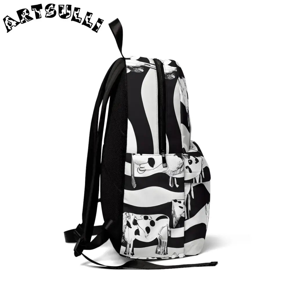 JAKKOUTTHEBXX Black and White Striped Cow Illustration Backpack