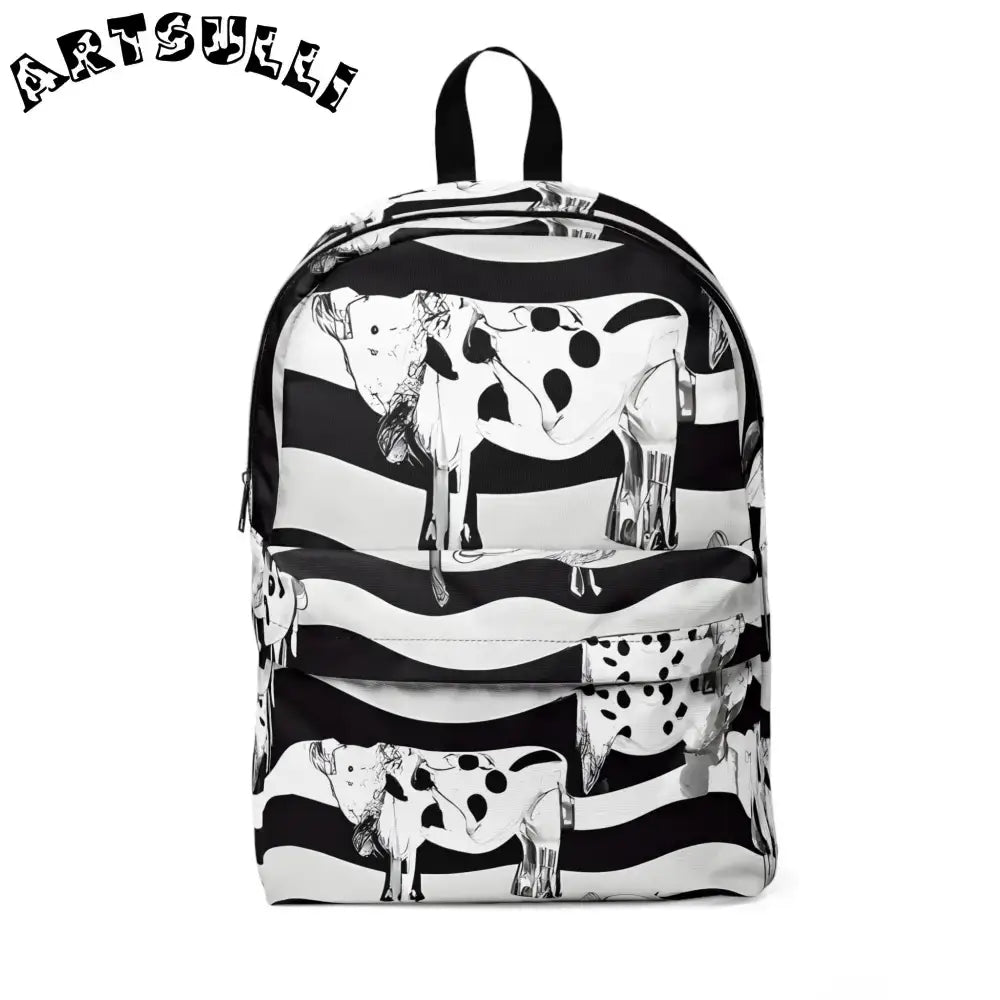 JAKKOUTTHEBXX Black and White Striped Cow Illustration Backpack