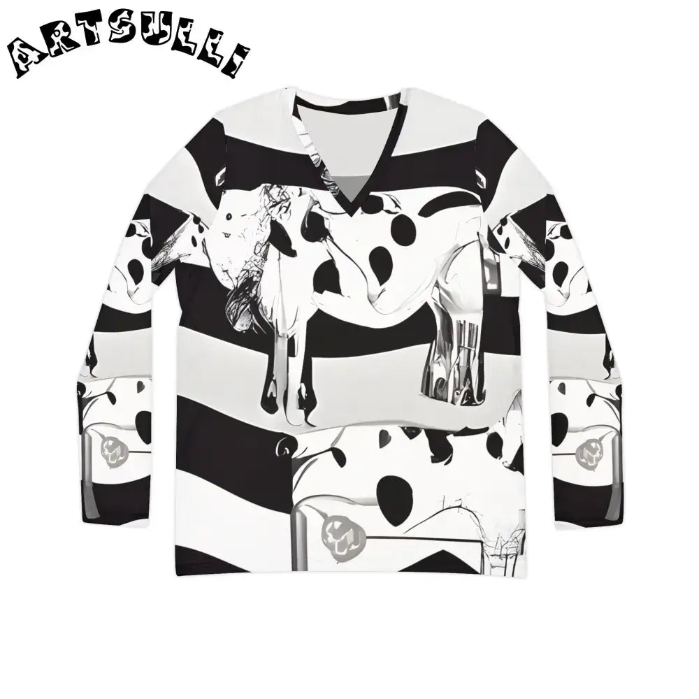 JAKKOUTTHEBXX Black and White Cow Print V Neck Long Sleeve Shirt