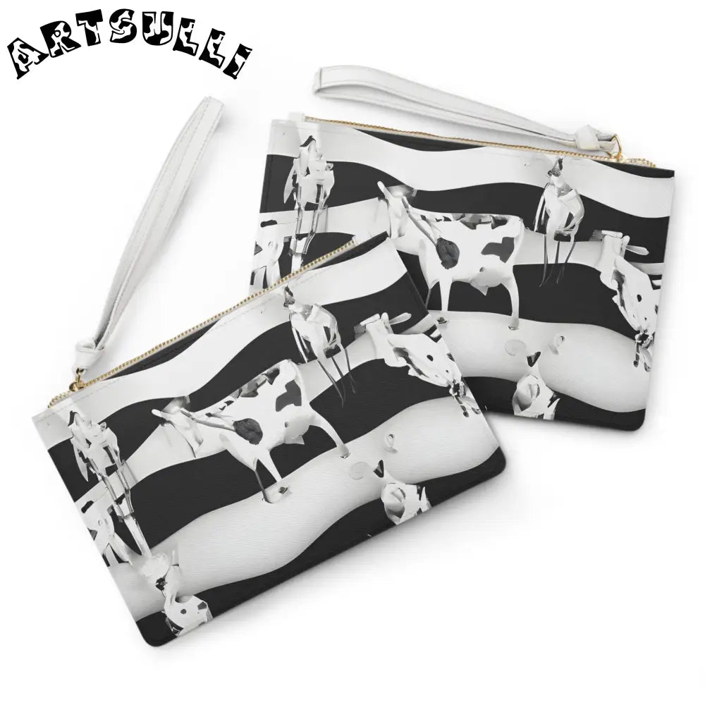 JAKKOUTTHEBXX Black and White Cow Print Faux Leather Clutch Bag