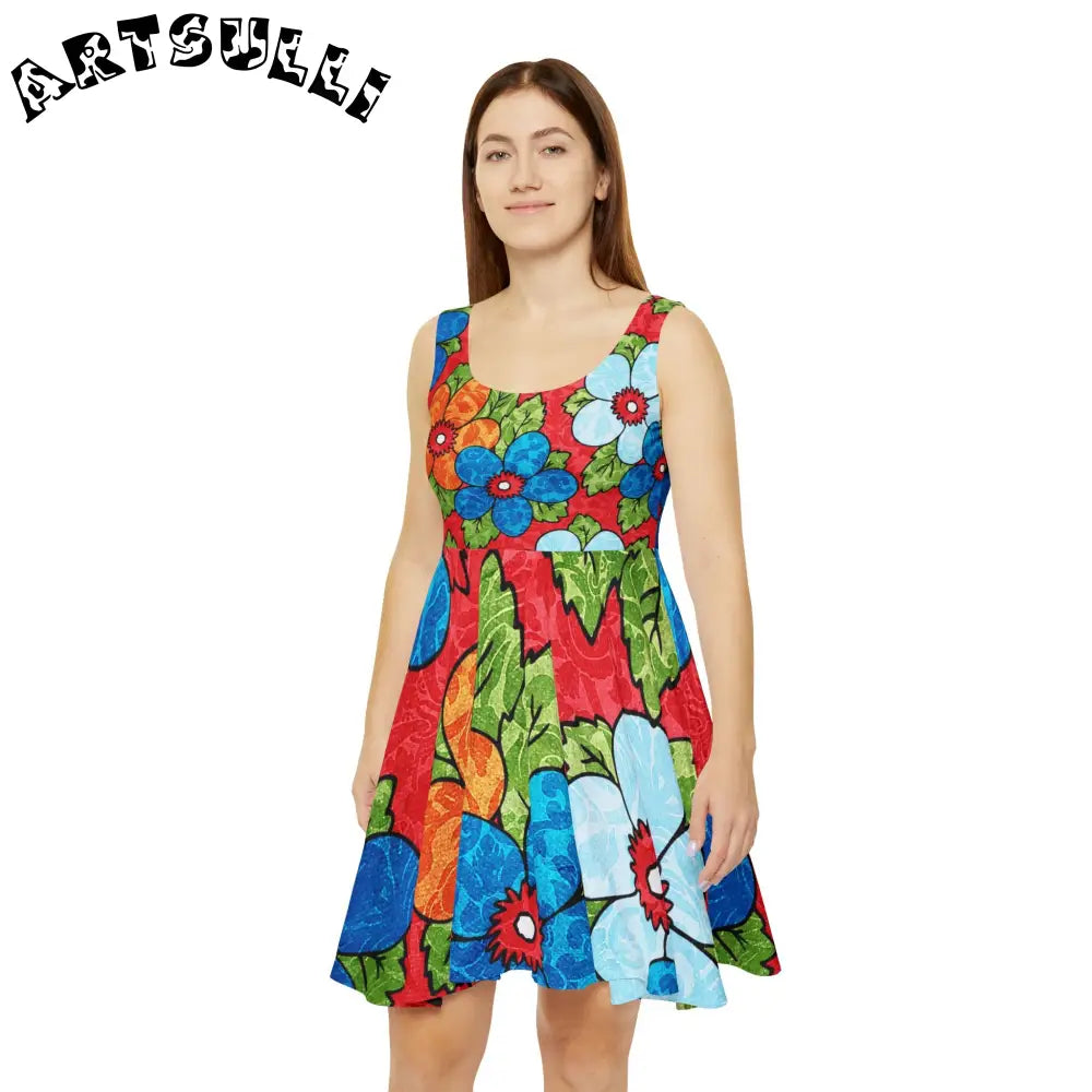 Custom Floral Print Skater Dress, Artsulli - Art is Long, Life is Short, All Over Prints, , , , , , , 
