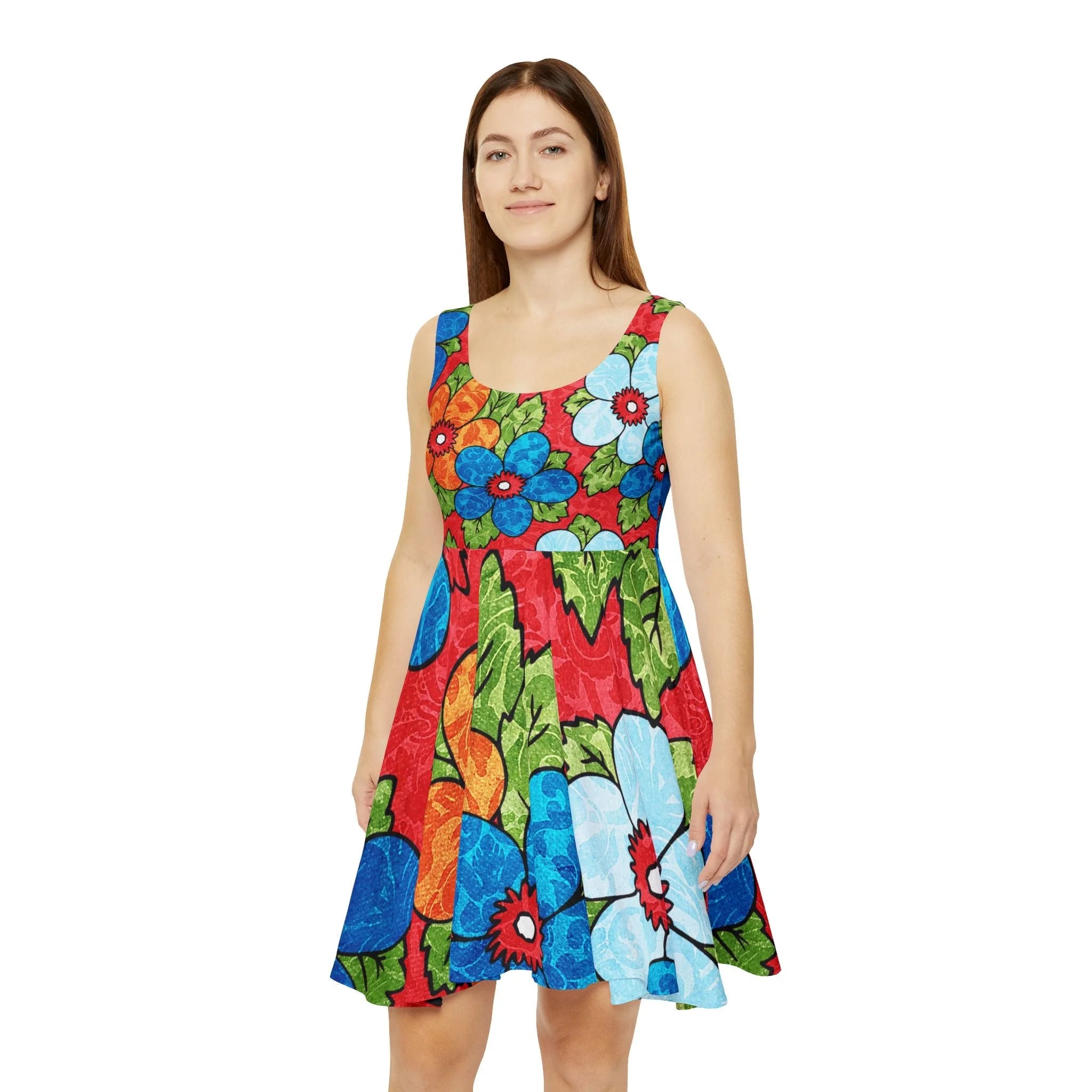 Custom Floral Print Skater Dress, Artsulli - Art is Long, Life is Short, All Over Prints, , , , , , , 