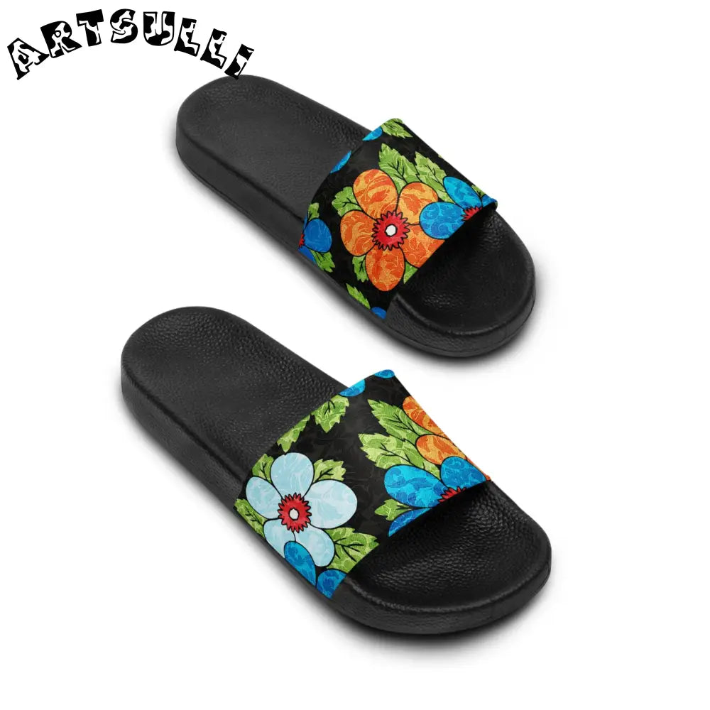 Custom Touch Groovy Black Floral Slides, Artsulli - Art is Long, Life is Short, Shoes, , , , , , , 