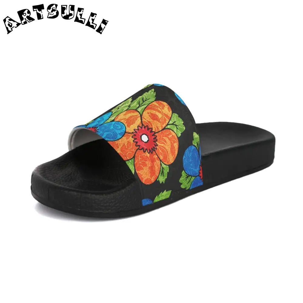 Custom Touch Groovy Black Floral Slides, Artsulli - Art is Long, Life is Short, Shoes, , , , , , , 