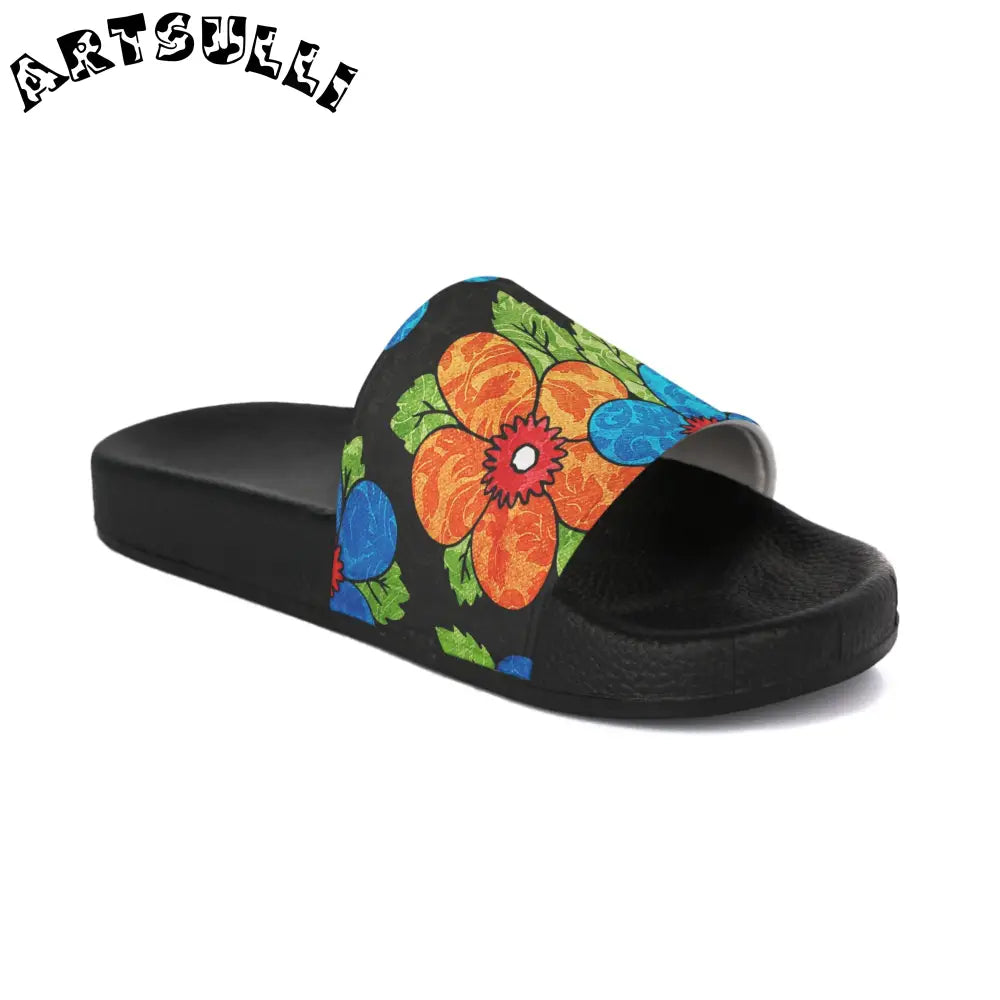 Custom Touch Groovy Black Floral Slides, Artsulli - Art is Long, Life is Short, Shoes, , , , , , , 