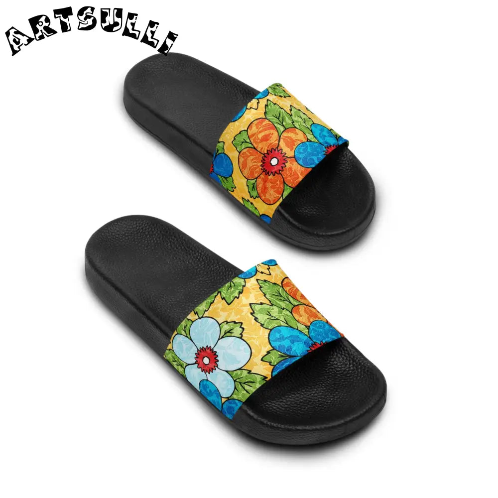 Custom Touch Groovy Yellow Floral Slides, Artsulli - Art is Long, Life is Short, Shoes, , , , , , , 