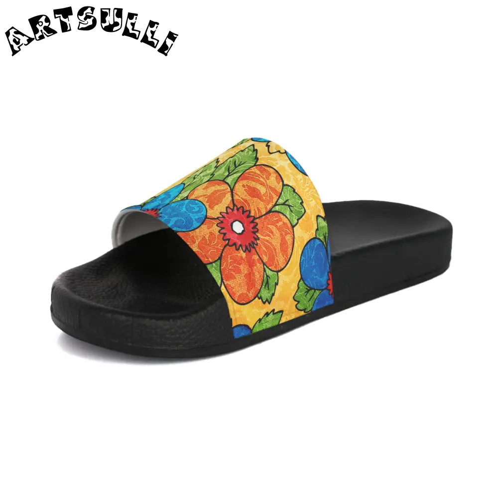 Custom Touch Groovy Yellow Floral Slides, Artsulli - Art is Long, Life is Short, Shoes, , , , , , , 