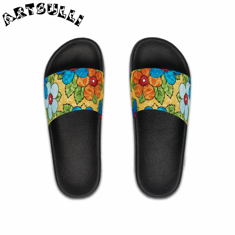 Custom Touch Groovy Yellow Floral Slides, Artsulli - Art is Long, Life is Short, Shoes, Color, Black sole, Size, US 6, , , 21668633244801286743