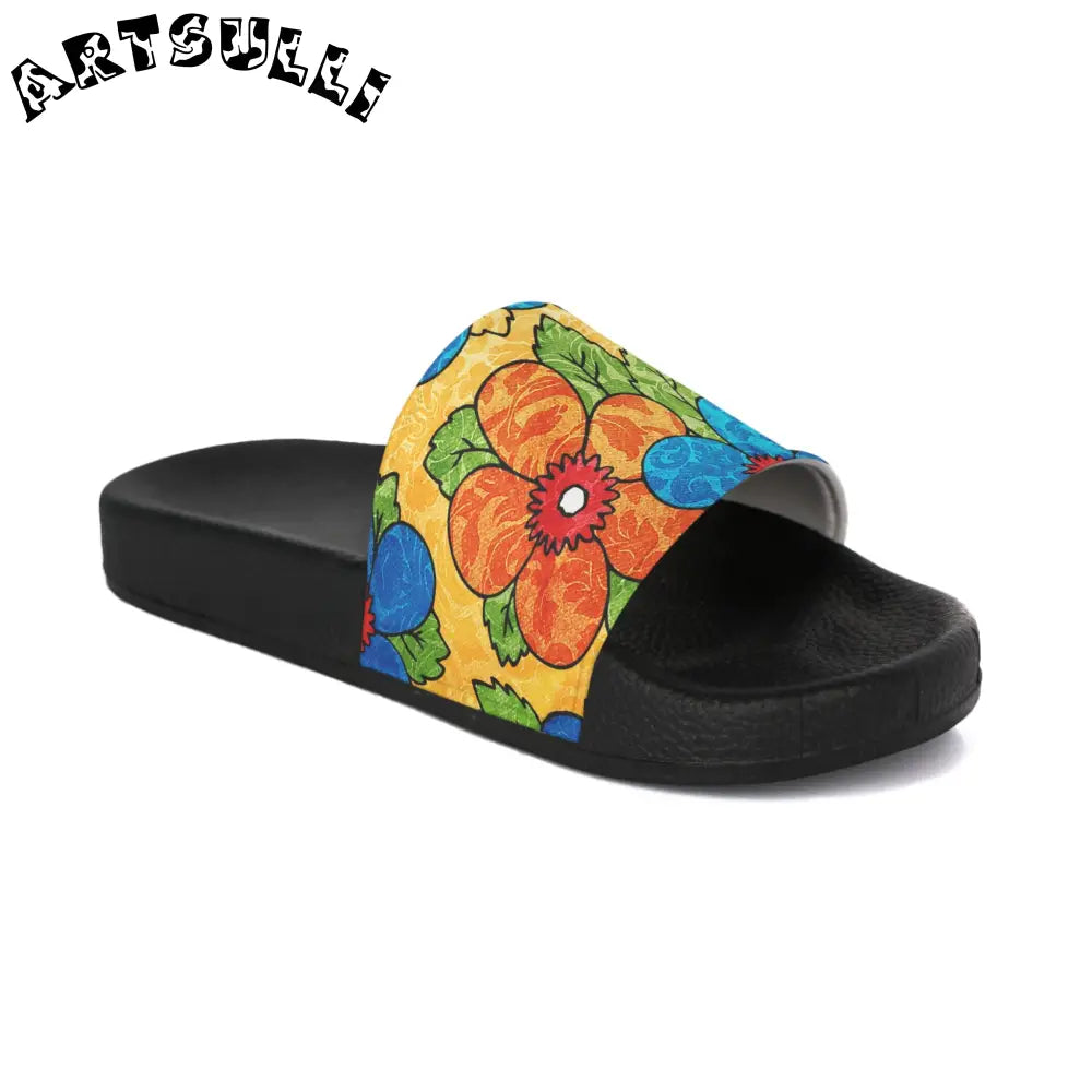 Custom Touch Groovy Yellow Floral Slides, Artsulli - Art is Long, Life is Short, Shoes, , , , , , , 