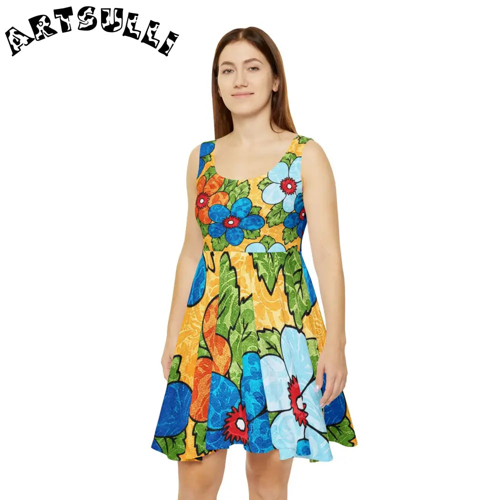 Custom Yellow Floral Skater Dress, Artsulli - Art is Long, Life is Short, All Over Prints, , , , , , , 