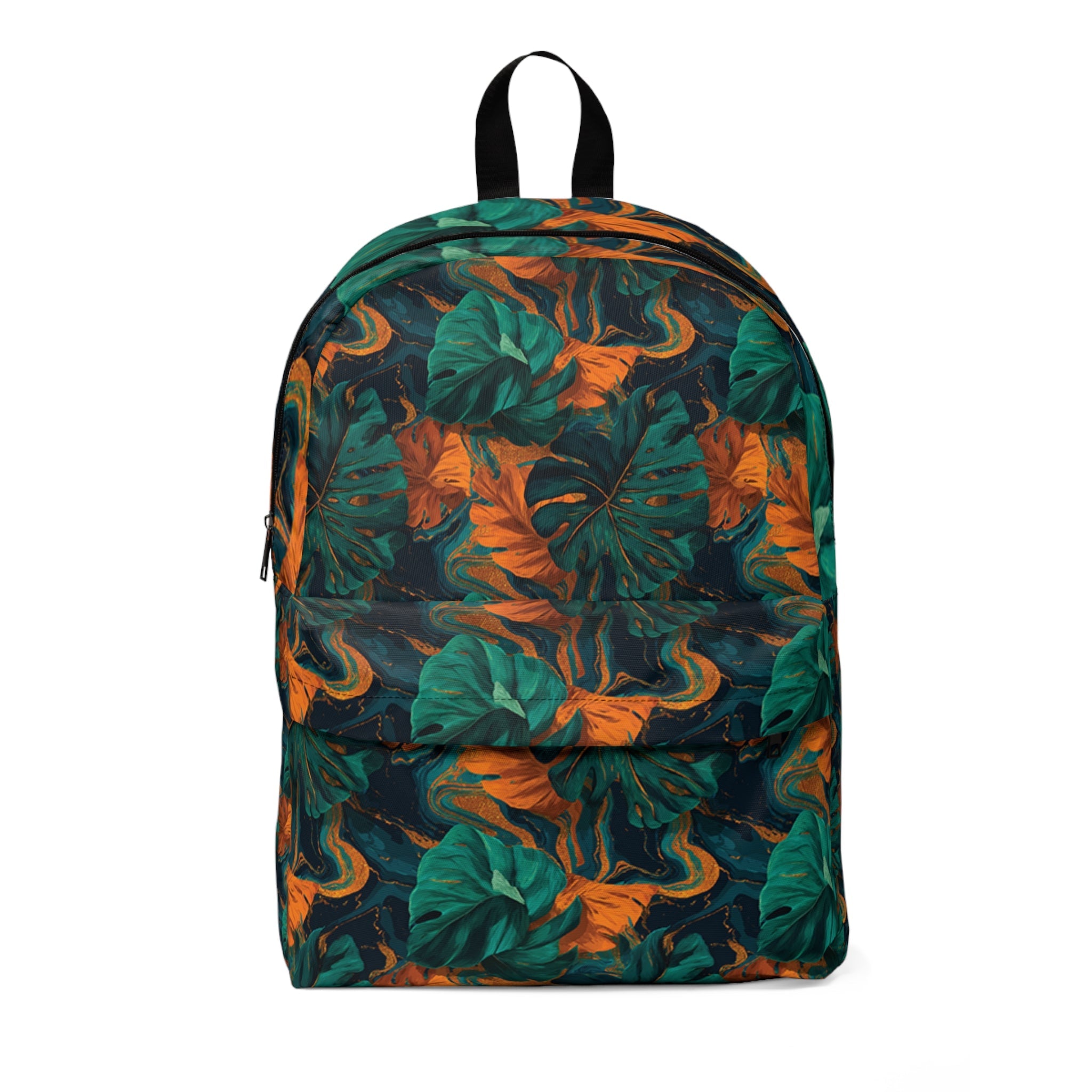 Printify Dark Green and Orange Tropical Leaf Backpack 2025