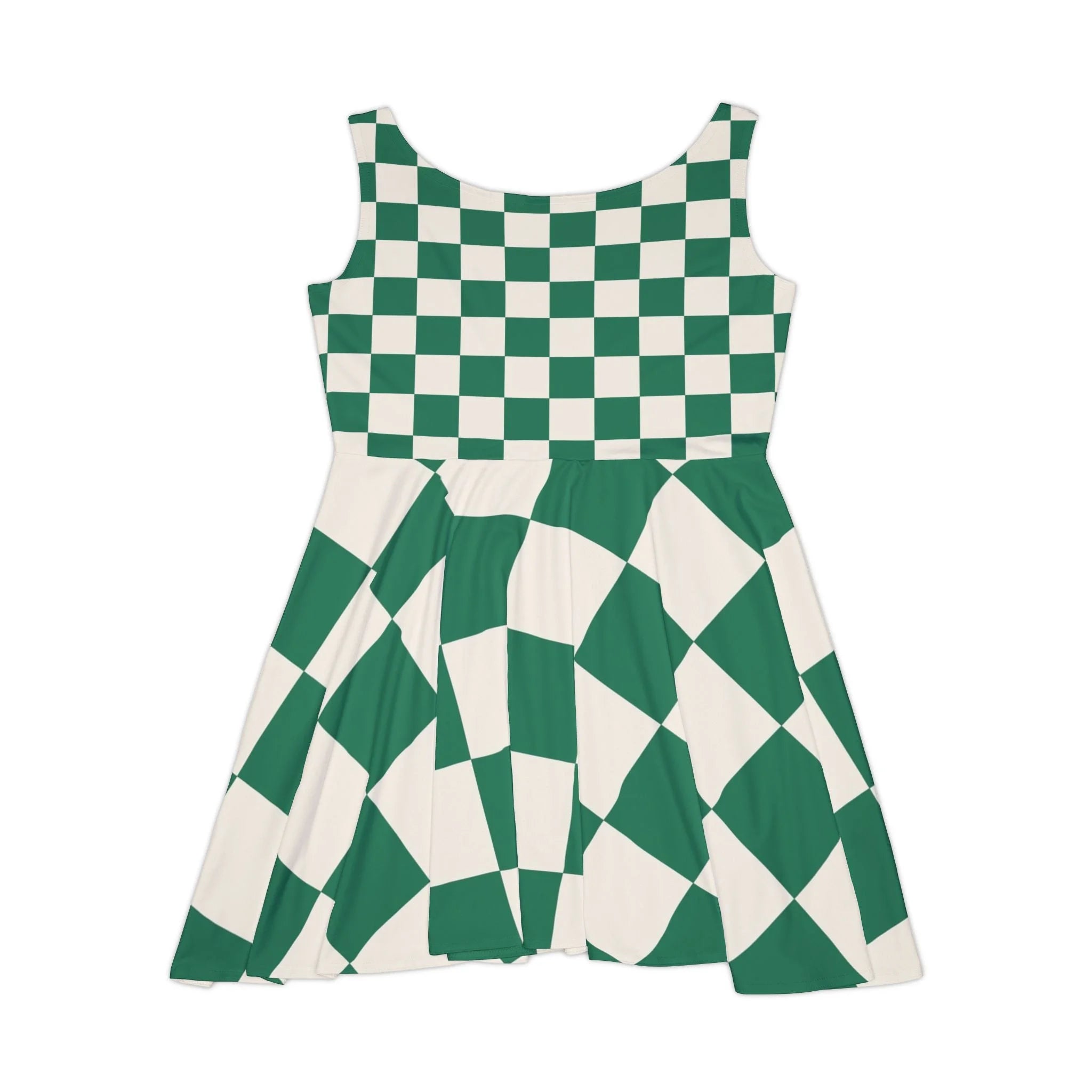 Dark Green Checkerboard Skater Dress, Artsulli - Art is Long, Life is Short, All Over Prints, , , , , , , 