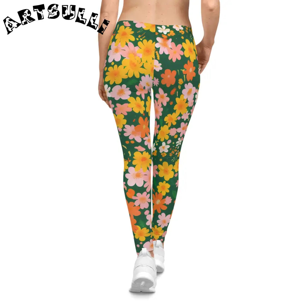 Dark Green Floral Casual Leggings, Artsulli - Art is Long, Life is Short, All Over Prints, , , , , , , 
