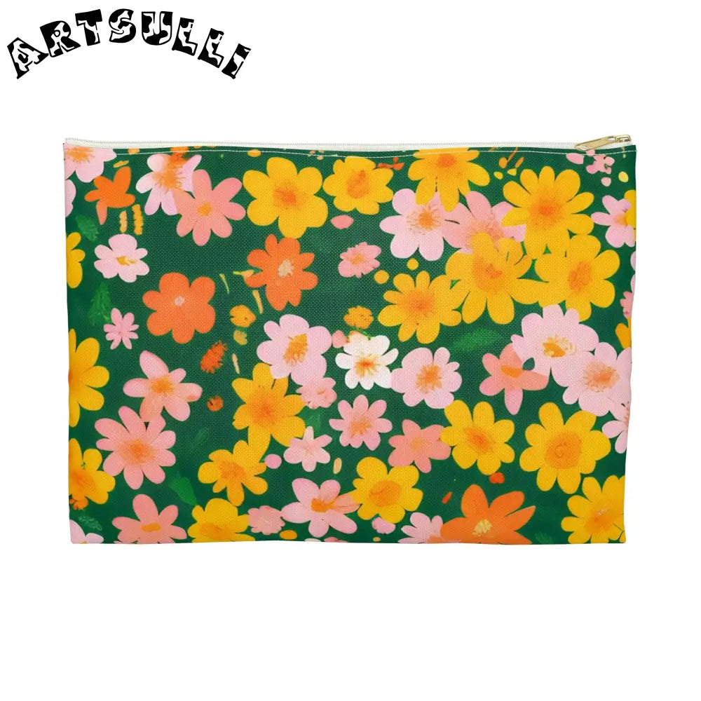 Dark Green Floral Flat Pouch, Artsulli - Art is Long, Life is Short, Bags, Size, Large, Color, White zipper, , , 32906627888122277007