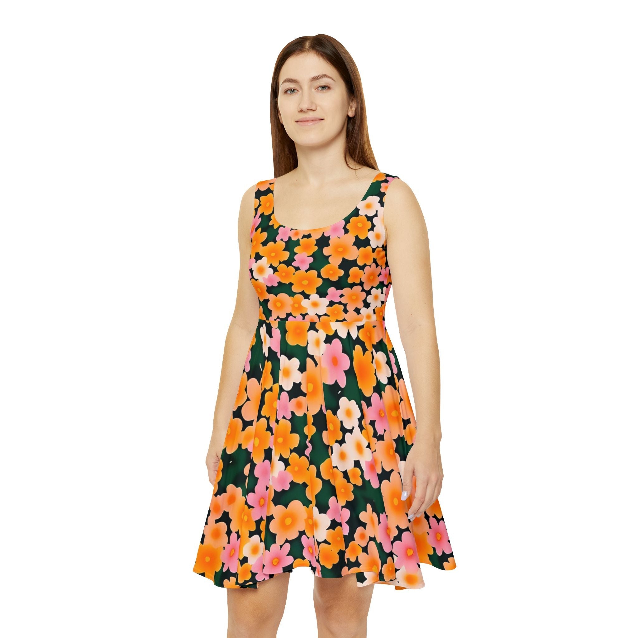 Dark Green Floral Skater Dress, Artsulli - Art is Long, Life is Short, All Over Prints, , , , , , , 