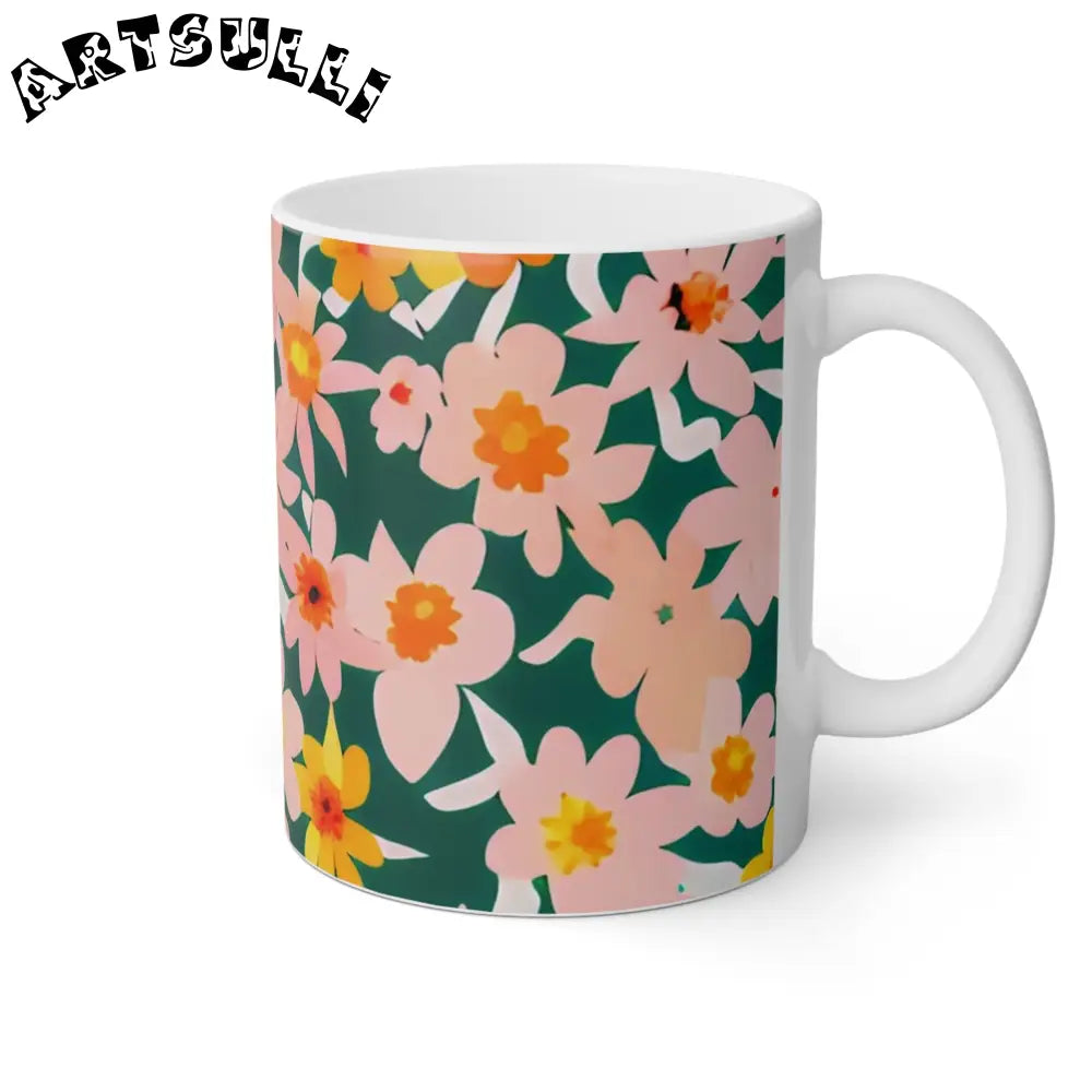 Dark Green Mug with Pink and Yellow Flowers, Artsulli - Art is Long, Life is Short, Mug, , , , , , , 