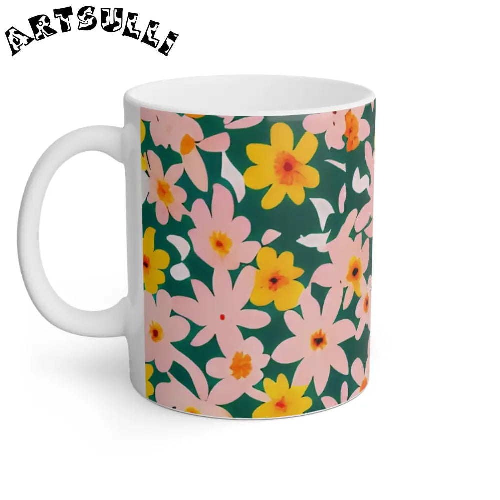 Dark Green Mug with Pink and Yellow Flowers, Artsulli - Art is Long, Life is Short, Mug, , , , , , , 