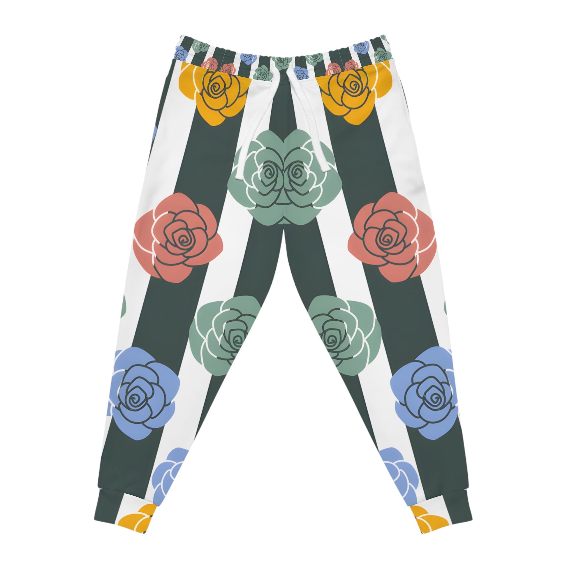 Dark Green Stripe and Rose Joggers, Artsulli - Art is Long, Life is Short, All Over Prints, Size, S, Color, Seam thread color automatically matched to design, , , 56089820982077221410
