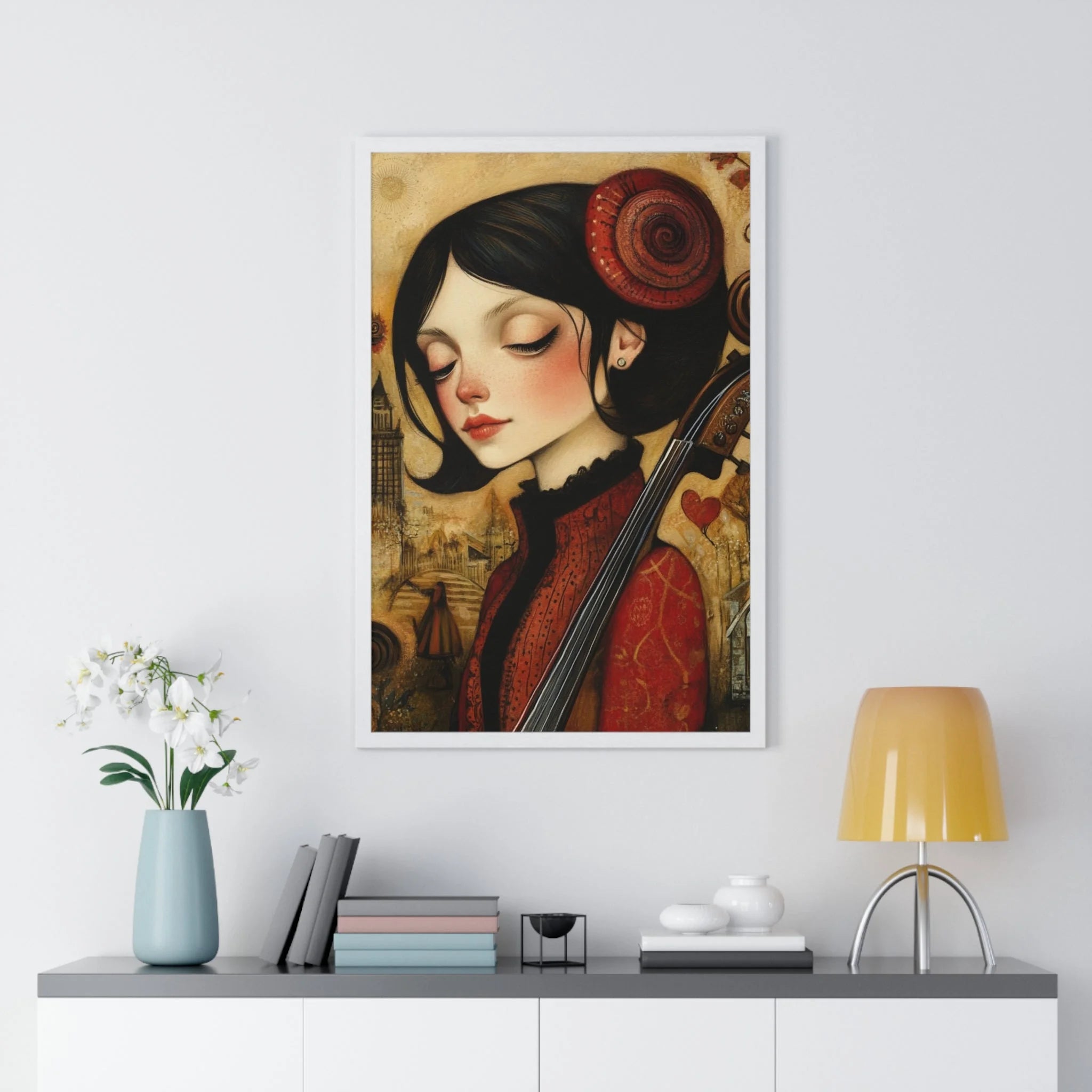 Buy The Best red black cello player art By Artsulli x Color Printify - Dark Haired Woman Playing Instrument Framed Poster - 2025
