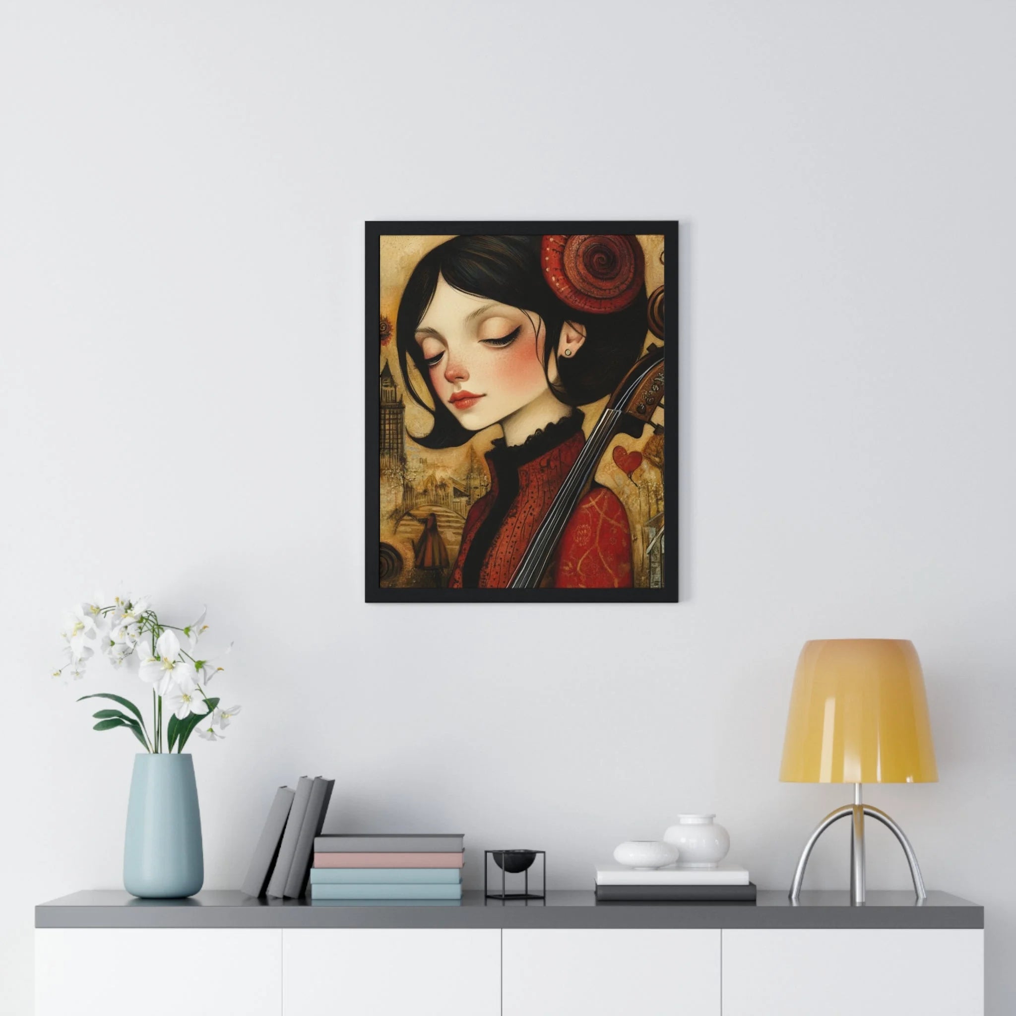 Buy The Best red black framed artwork woman By Artsulli x Color Printify - Dark Haired Woman Playing Instrument Framed Poster - 2025