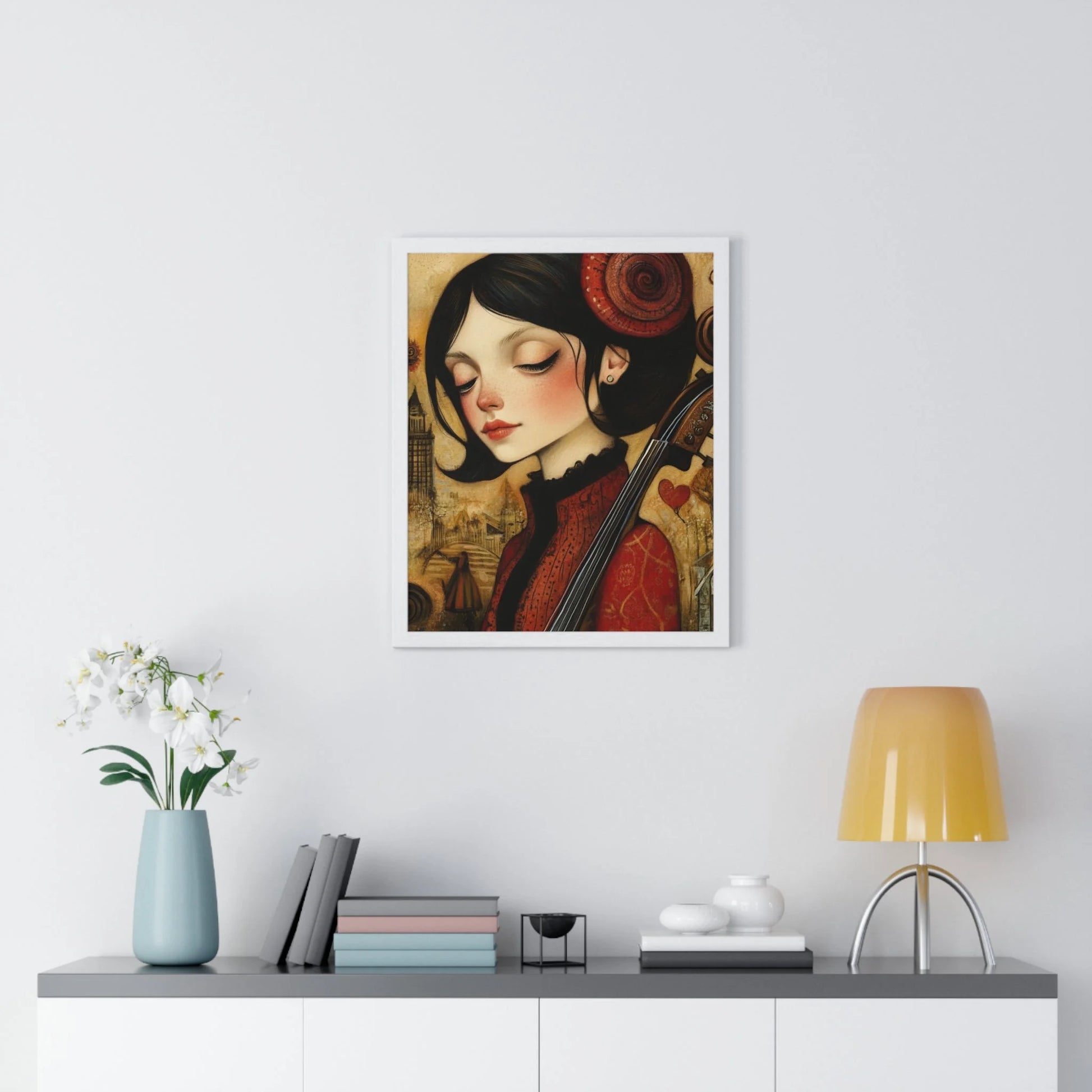 Buy The Best red black framed artwork woman By Artsulli x Color Printify - Dark Haired Woman Playing Instrument Framed Poster - 2025