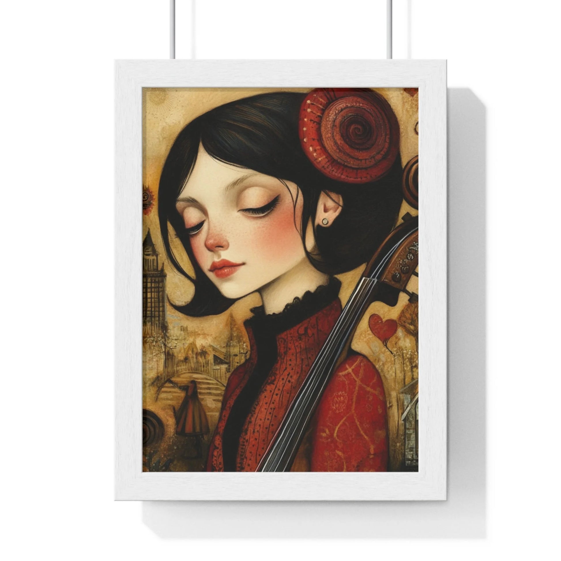 Buy The Best red black cello art print By Artsulli x Color Printify - Dark Haired Woman Playing Instrument Framed Poster - 2025