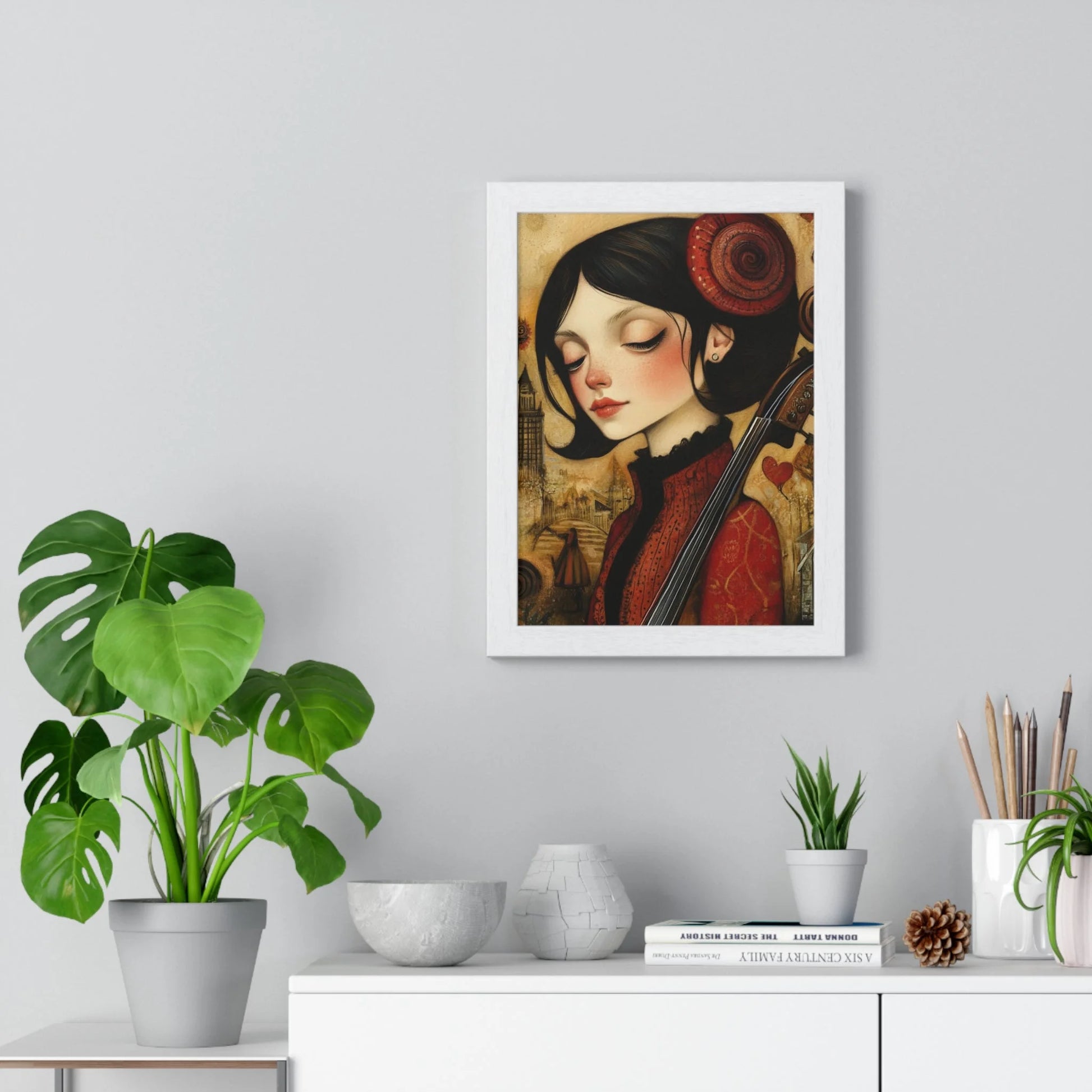 Buy The Best framed red black portrait woman By Artsulli x Color Printify - Dark Haired Woman Playing Instrument Framed Poster - 2025