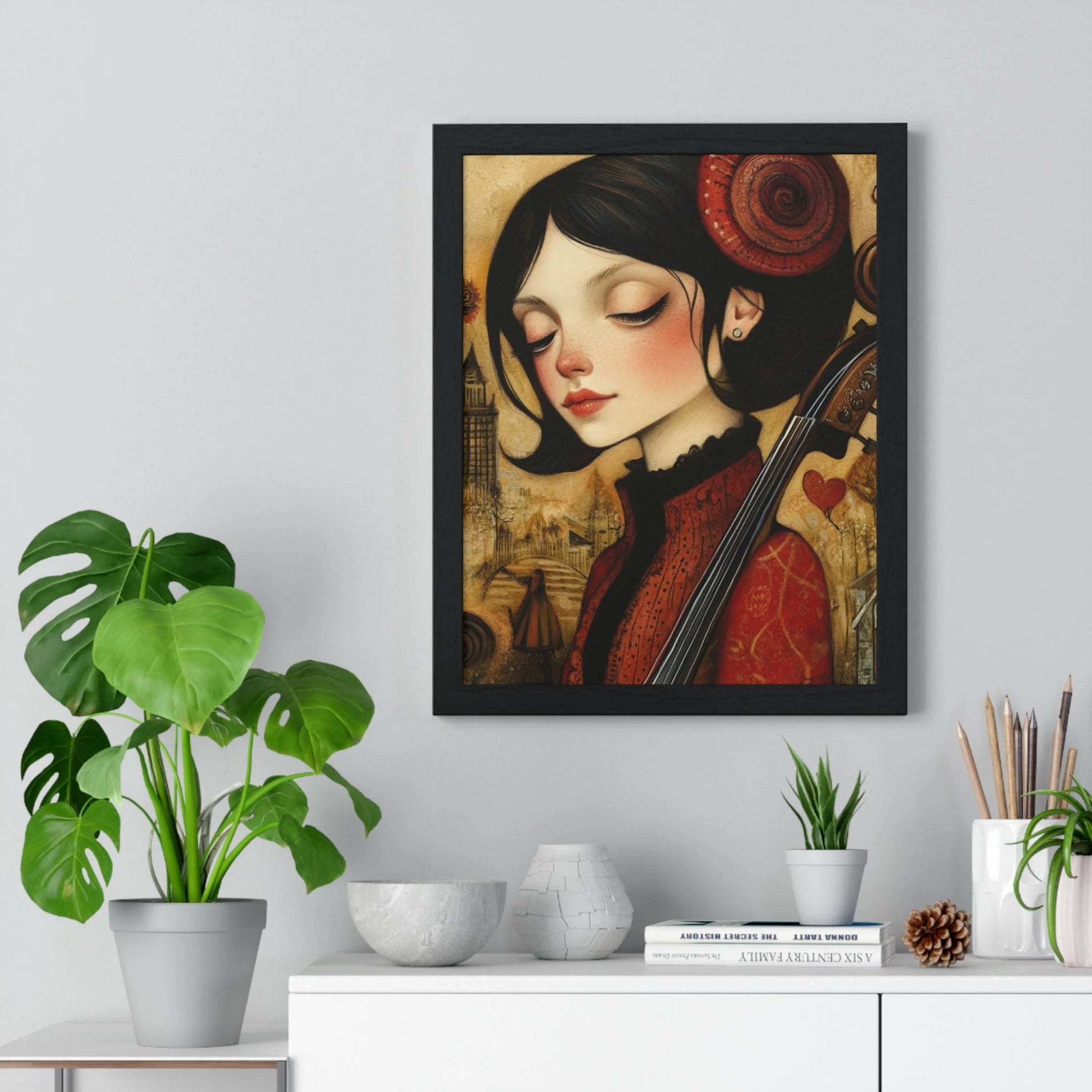 Buy The Best red black framed artwork woman By Artsulli x Color Printify - Dark Haired Woman Playing Instrument Framed Poster - 2025