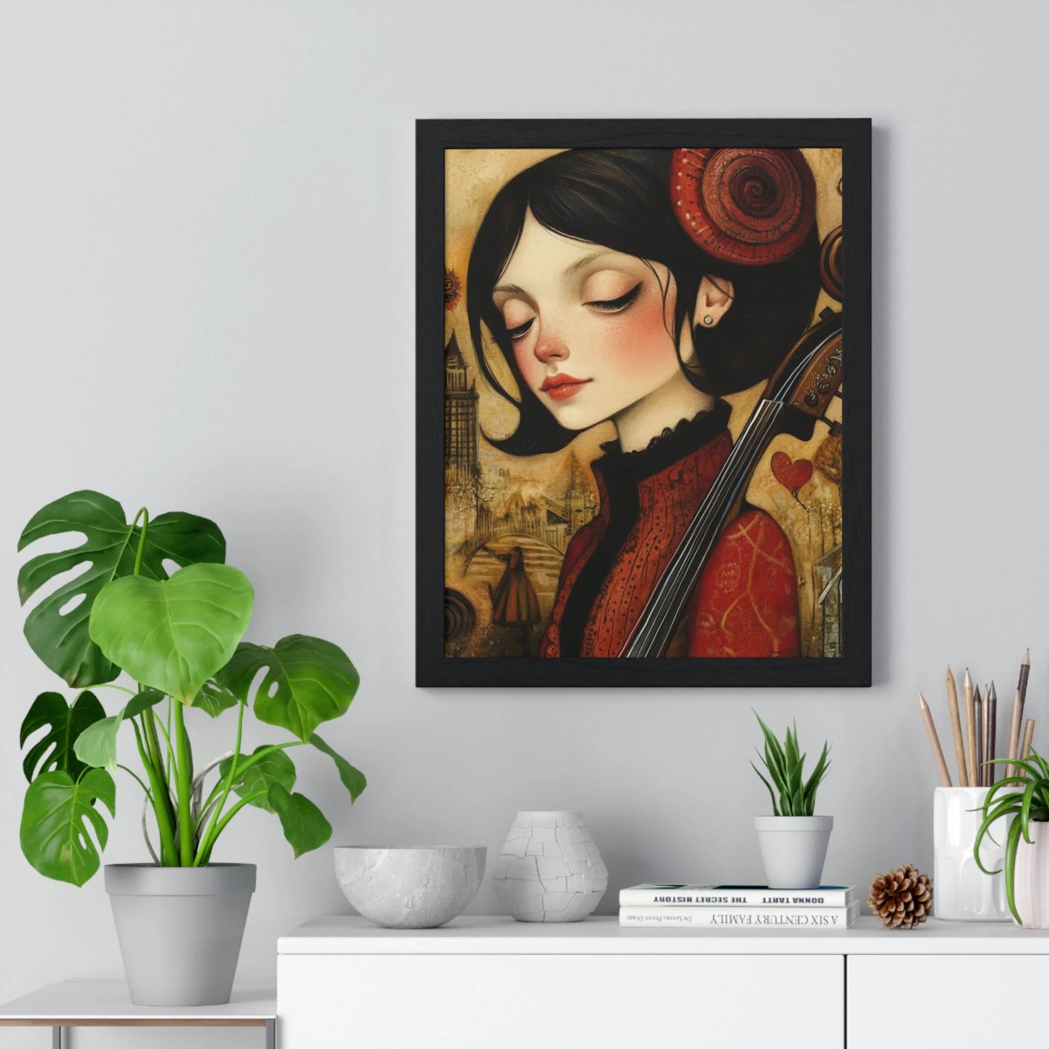 Buy The Best red black framed artwork woman By Artsulli x Color Printify - Dark Haired Woman Playing Instrument Framed Poster - 2025